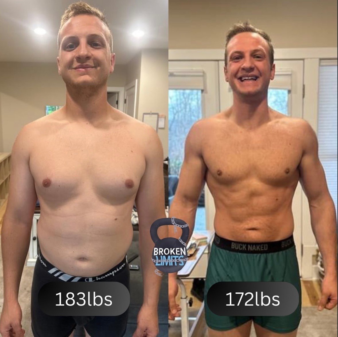 Before and after fitness transformation comparison showing Cam at 183 lbs on the left and 172 lbs on the right displaying muscle gain and weight loss results